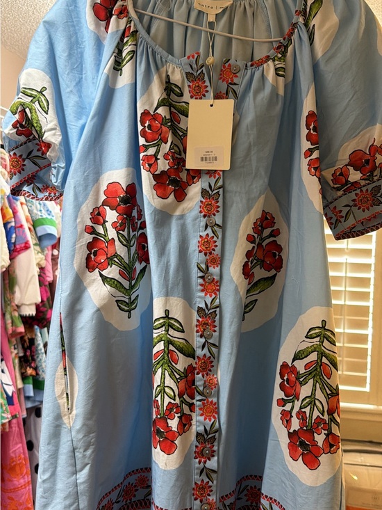 entro Dresses & Skirts - Smocked Blue Floral Print womens Dress with Red Flower Accents